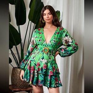 SHEIN VCAY Plus Botanical Print Layered Hem Dress 2XL 16 NEW